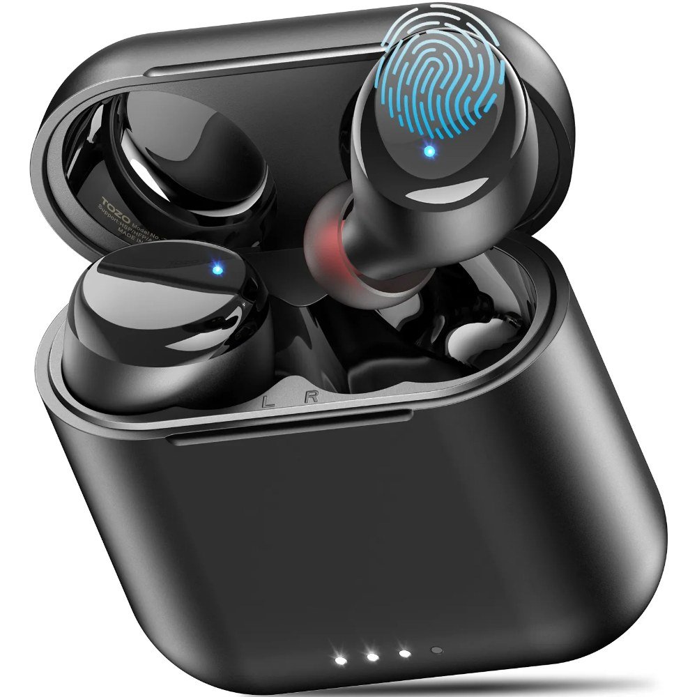 TOZO T6 wireless earbuds in black with charging case — official product photo