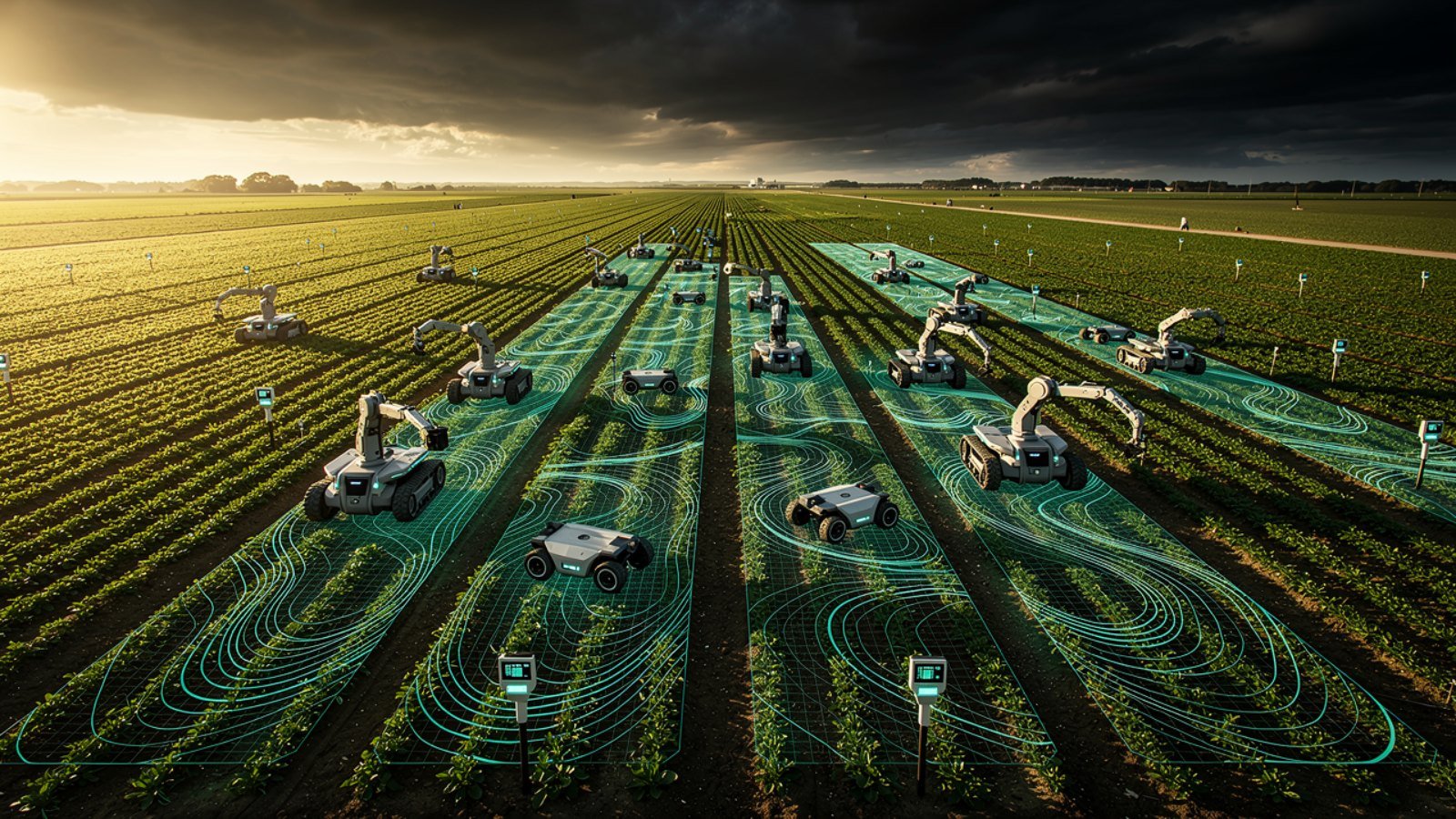 Smart farm aerial view with AI data overlays and teal IoT sensors showing precision agriculture technology