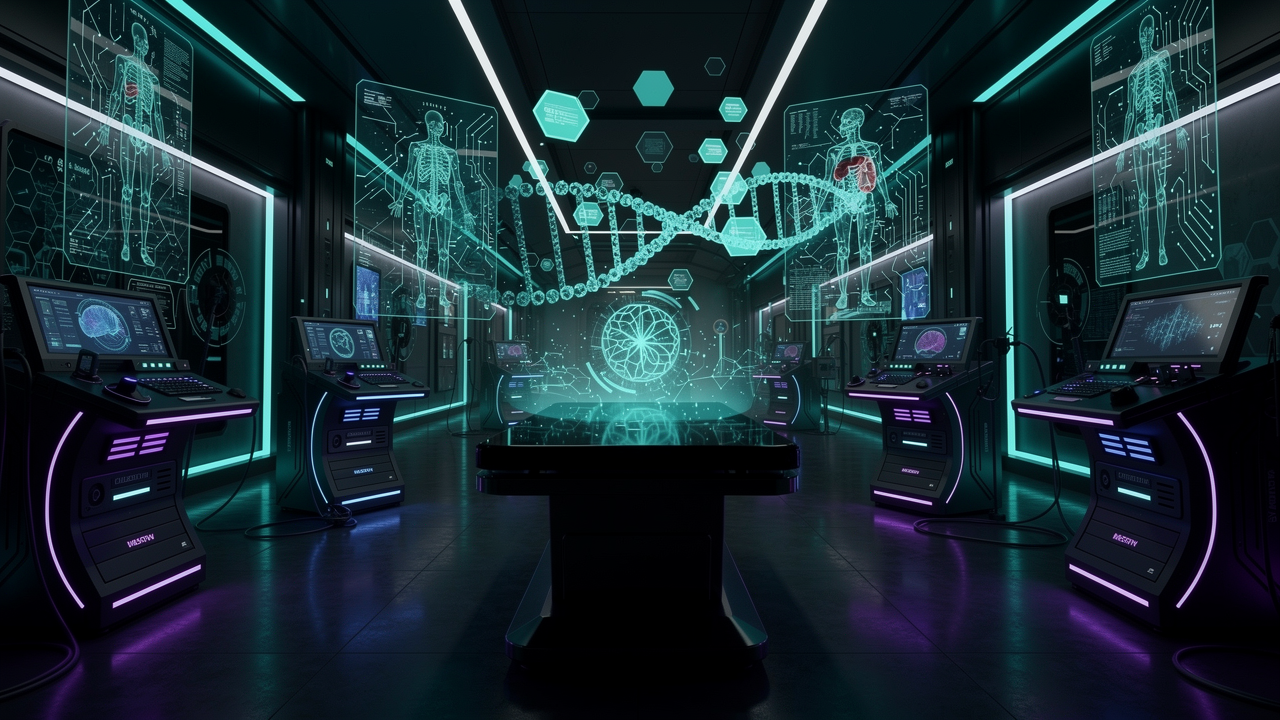 Dark neon-cyberpunk illustration of AI transforming healthcare in 2026