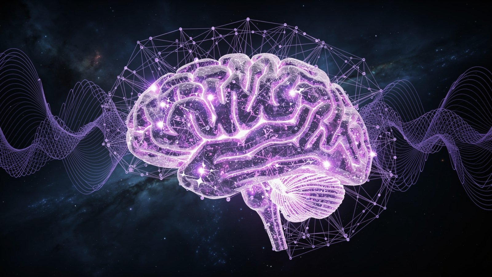 Abstract neural network brain glowing purple representing superintelligence concept