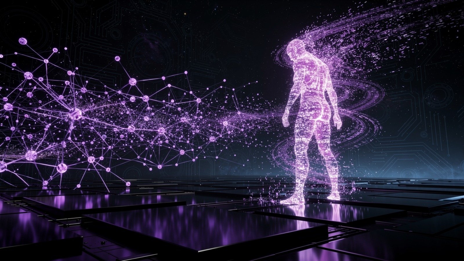 Abstract neon cyberpunk visualization of artificial general intelligence – glowing purple neural network nodes and data streams